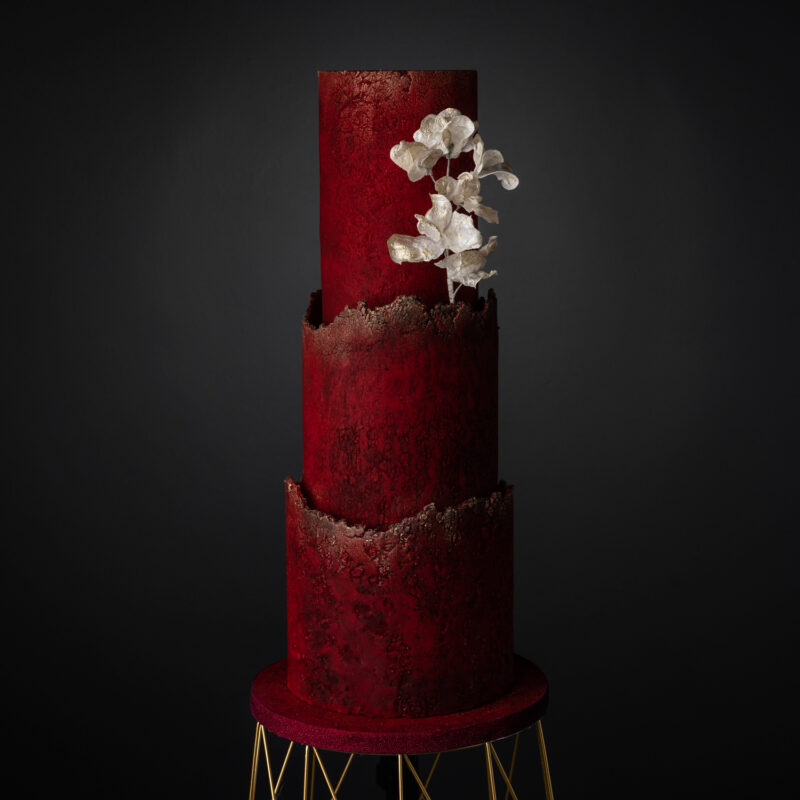 Crimson Wedding Cake With Wafer Paper Blossoms