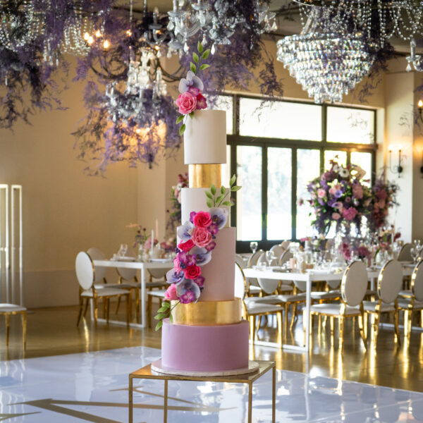 Lilac and Gold Leaf Wedding Cake