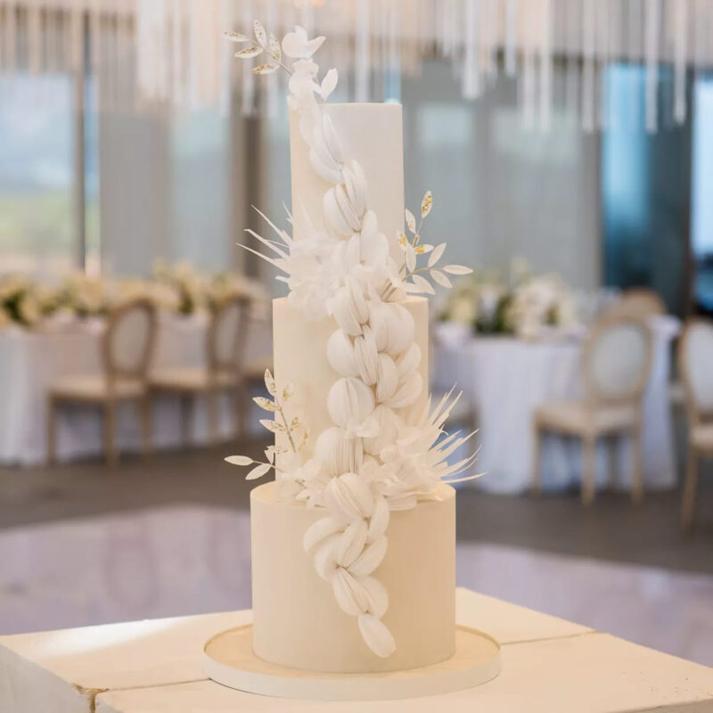 Ivory White Wedding Cake With Wafer Blossoms