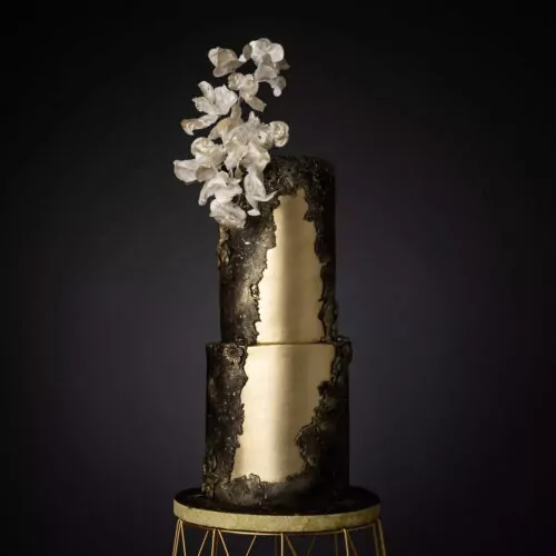 Black & Gold Wedding Cake With Wafer Paper Blossoms