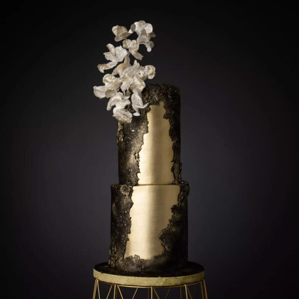 Black & Gold Wedding Cake With Wafer Paper Blossoms