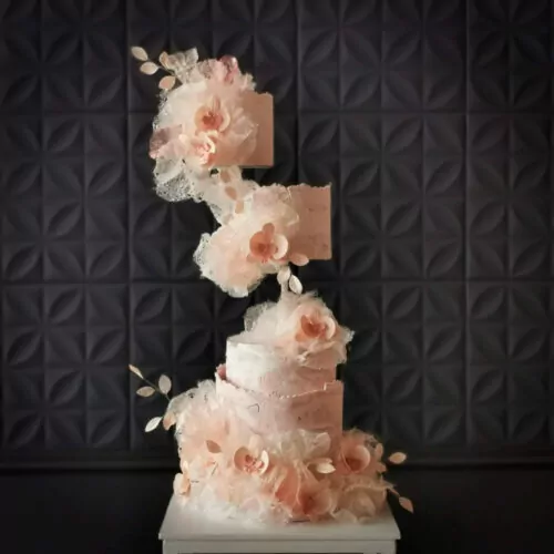 Dusky Pink Wedding Cake with Aged Fondant, Wafer Paper Lace and Sugar Orchids